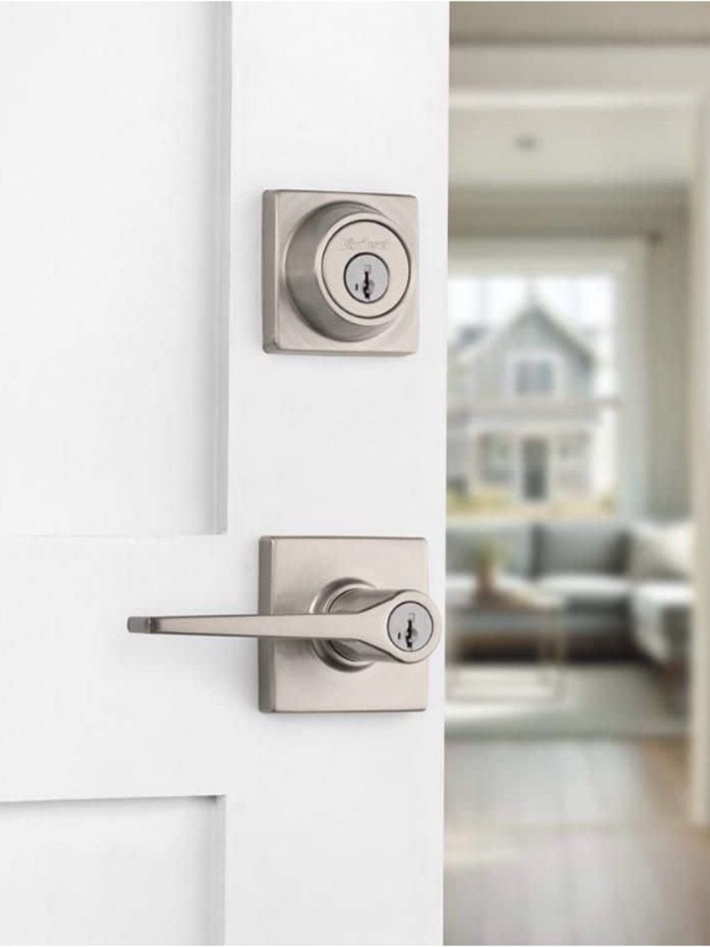 Kwikset Hollis Satin Nickel Square keyed entry Door Lever and Deadbolt Set